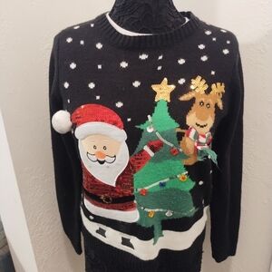 Karen Scott Black Sweater with Santa and Reindeer